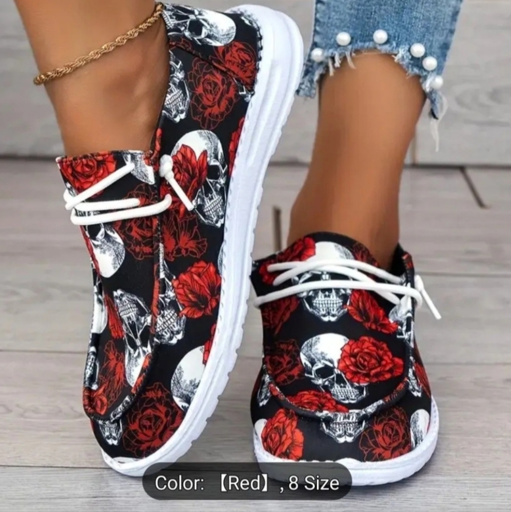 Women's Red Skull and Rose Casual Shoes